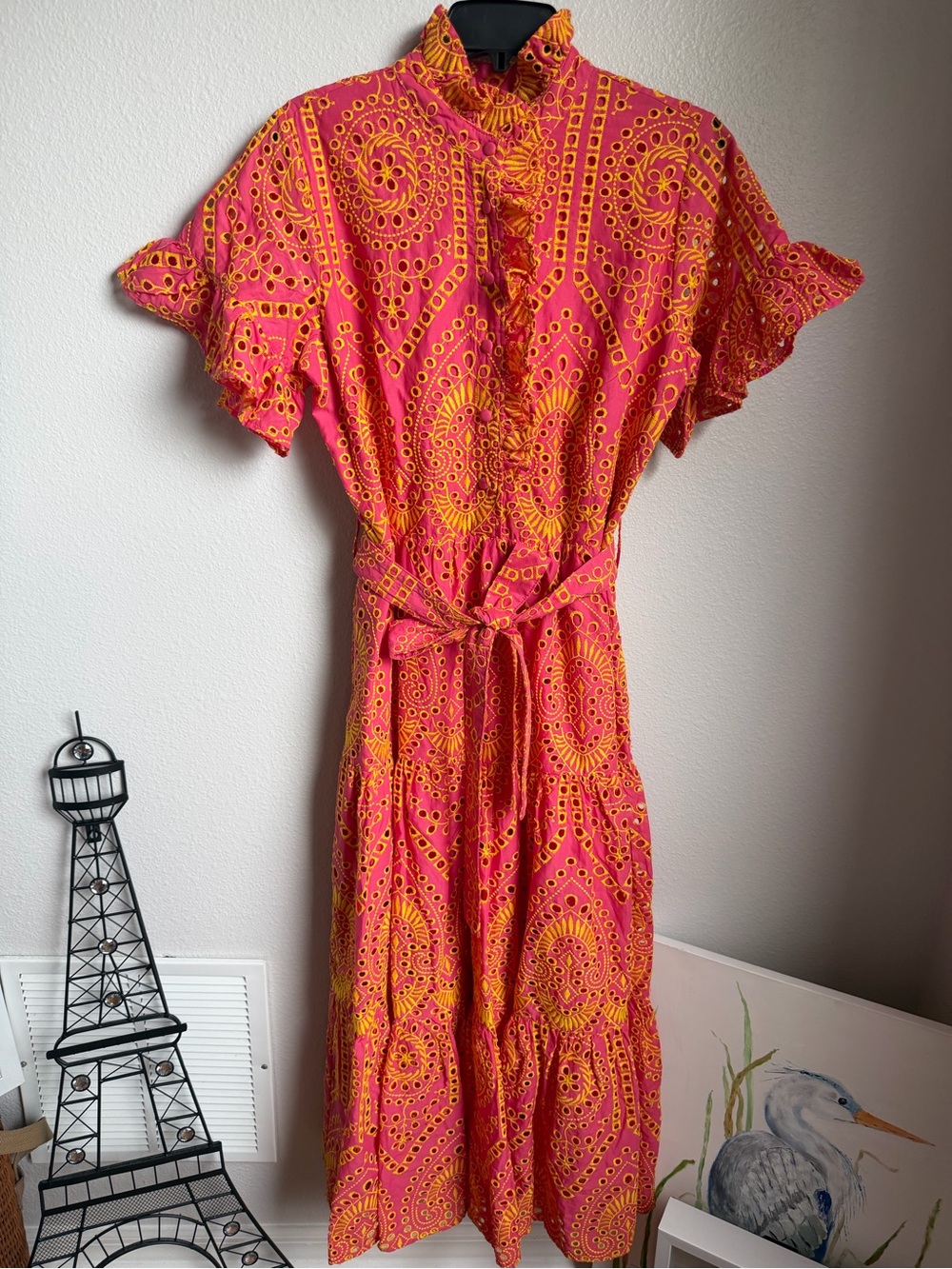 NWT Abbey Glass Sadie Maxi Dress Coral and Yellow Eyelet Sz L - Picture 6 of 13